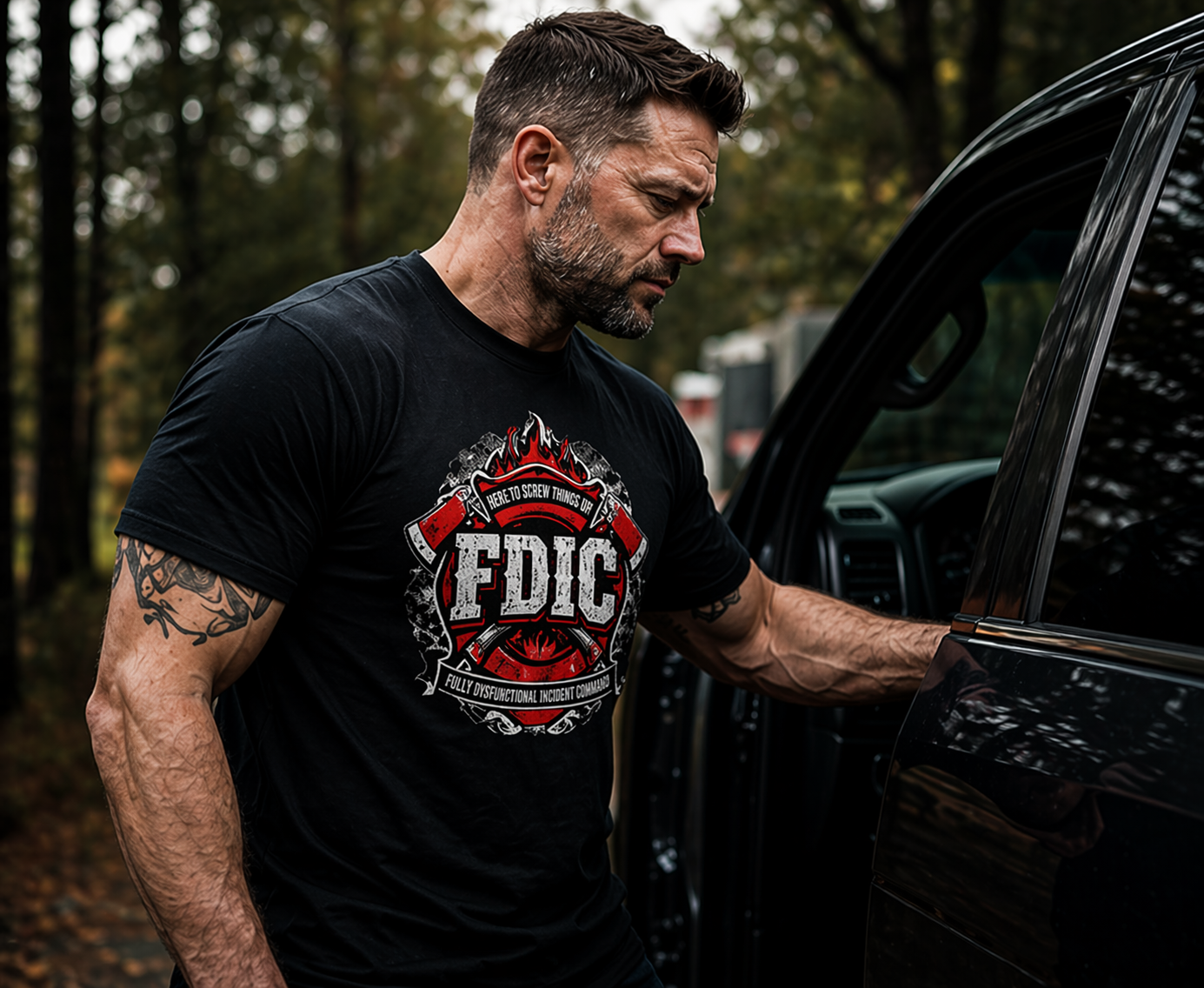 Man wearing a black t-shirt with a red and white logo, standing next to a black SUV in a forest setting.