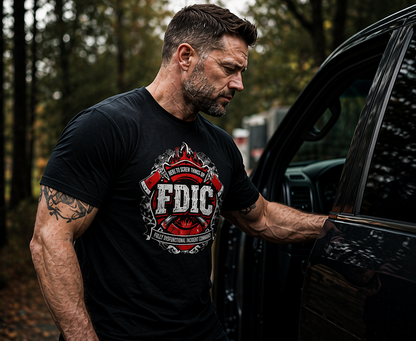 Man wearing a black t-shirt with a red and white logo, standing next to a black SUV in a forest setting.