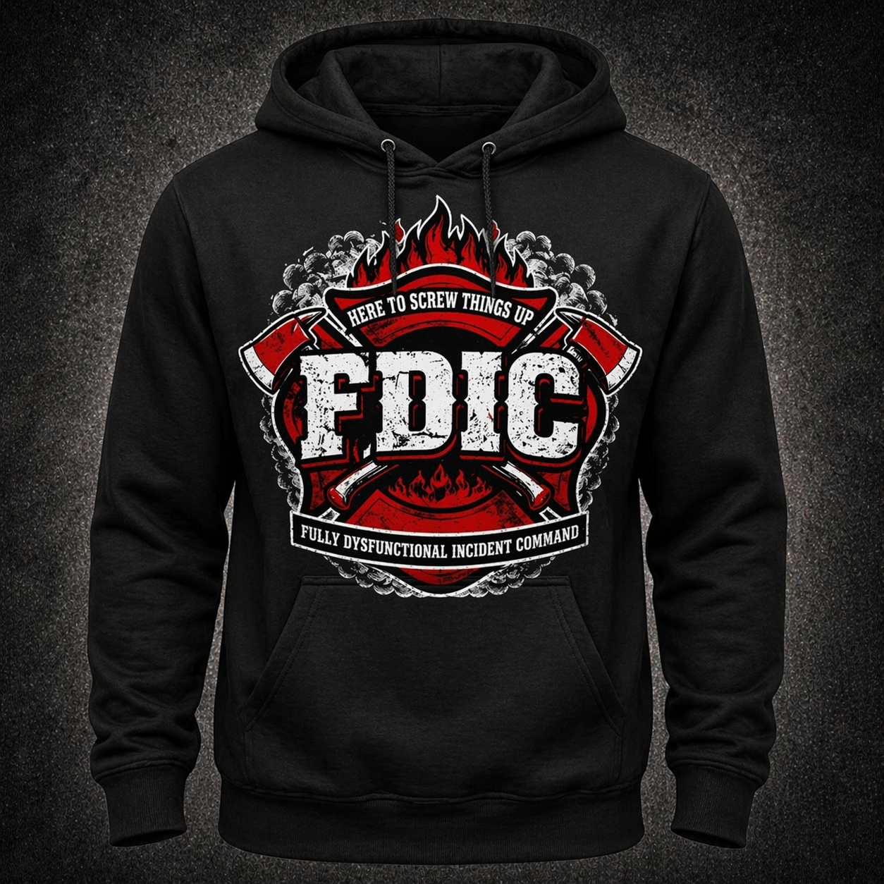 Black hoodie with 'FDIC' graphic design on a dark background