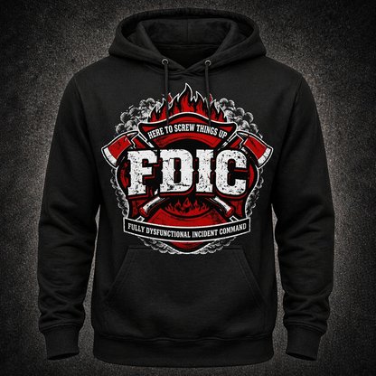 Black hoodie with 'FDIC' graphic design on a dark background