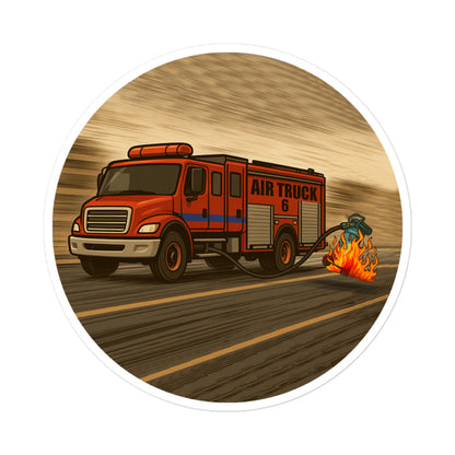 Cartoon firefighter sticker showing a red fire truck labeled “Air Truck 6” driving down a road with a flaming air compressor being dragged behind it.