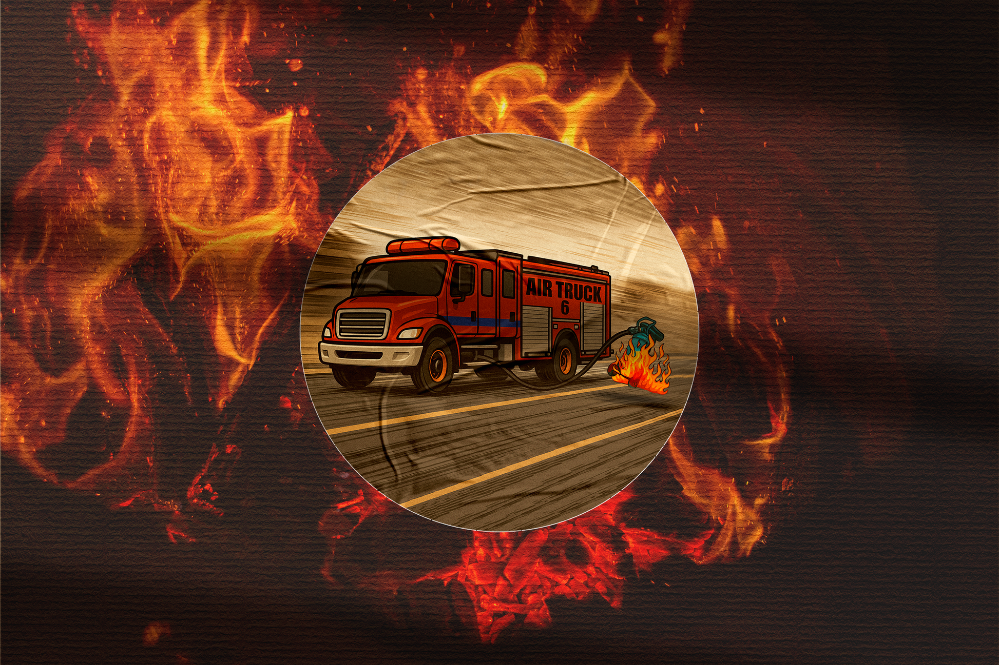 Air truck sticker with fire background. 