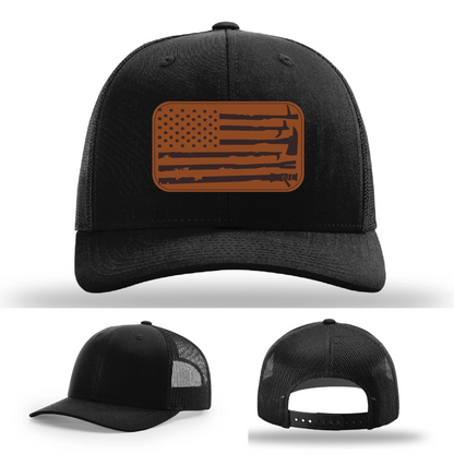Fire Tools Flag Hat | Leather Patch Firefighter Design