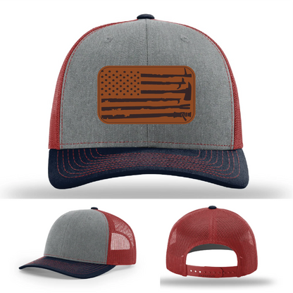 Fire Tools Flag Hat | Leather Patch Firefighter Design