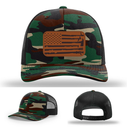 Fire Tools Flag Hat | Leather Patch Firefighter Design