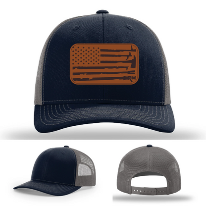 Fire Tools Flag Hat | Leather Patch Firefighter Design