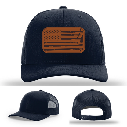 Fire Tools Flag Hat | Leather Patch Firefighter Design
