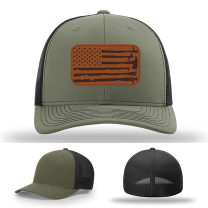 Fire Tools Flag Hat | Leather Patch Firefighter Design