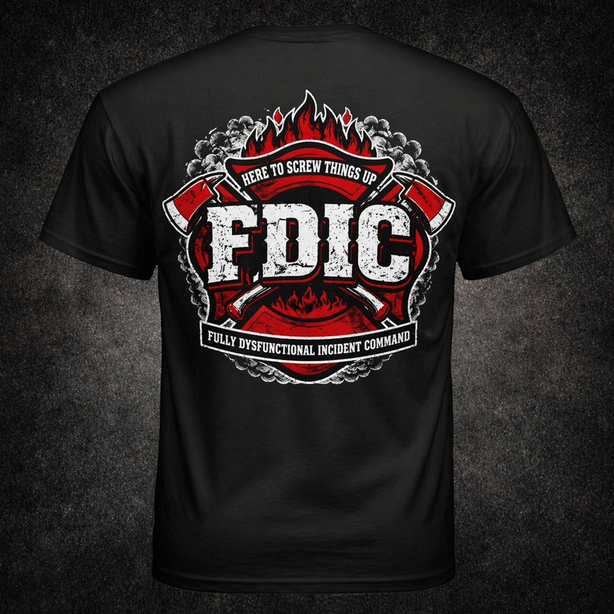 Black t-shirt with red and white graphic design on a dark background