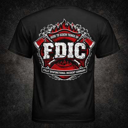 Black t-shirt with red and white graphic design on a dark background