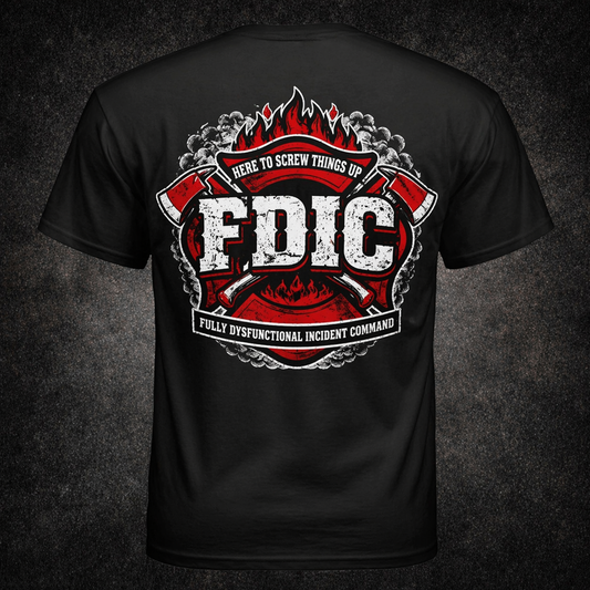 Black t-shirt with red and white graphic design on a dark background