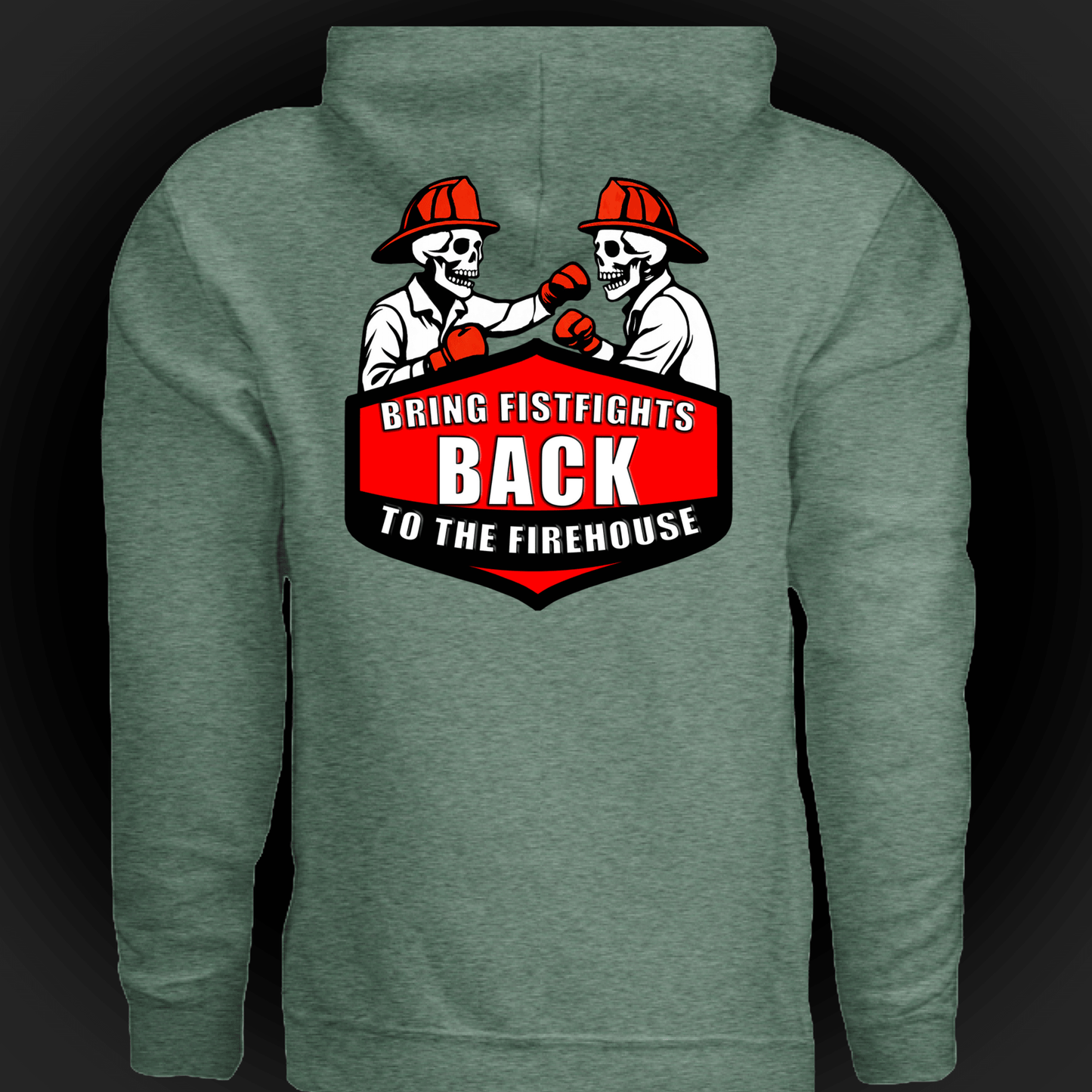 Firehouse Fistfights Hoodie-Firehouse Humor For Firefighters featuring skeletons boxing design.
