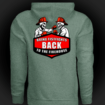 Firehouse Fistfights Hoodie-Firehouse Humor For Firefighters featuring skeletons boxing design.