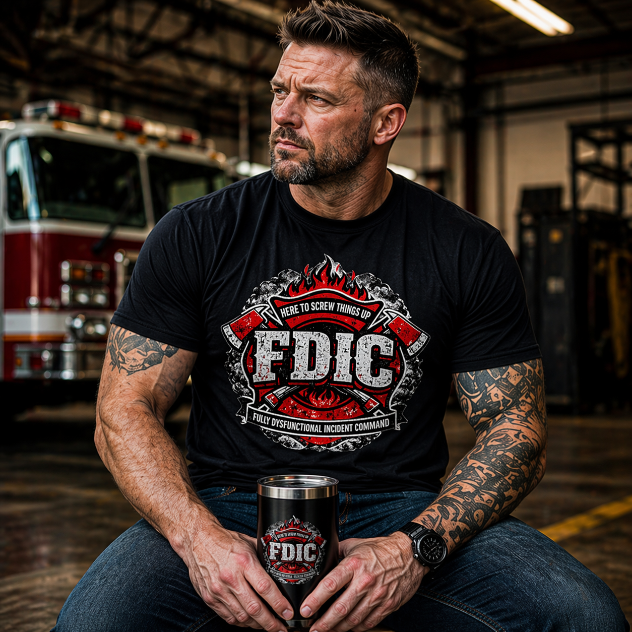Man wearing an 'FDIC' t-shirt holding a matching mug in a fire station.