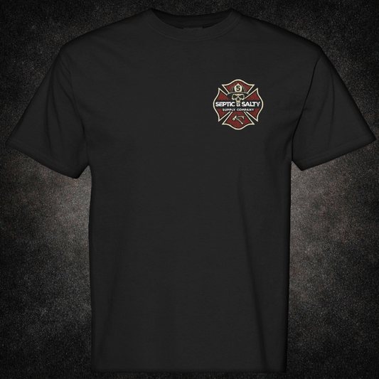 Black t-shirt front showing a small left-chest Septic & Salty Supply Company Maltese cross logo with a skull, crossed axes, and the number 5