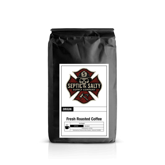 Black coffee bag with a label featuring 'Septic & Salty' branding on a white background