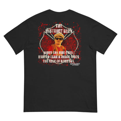 The District Dick graphic tee – firefighter lifestyle apparel with bold parody design.