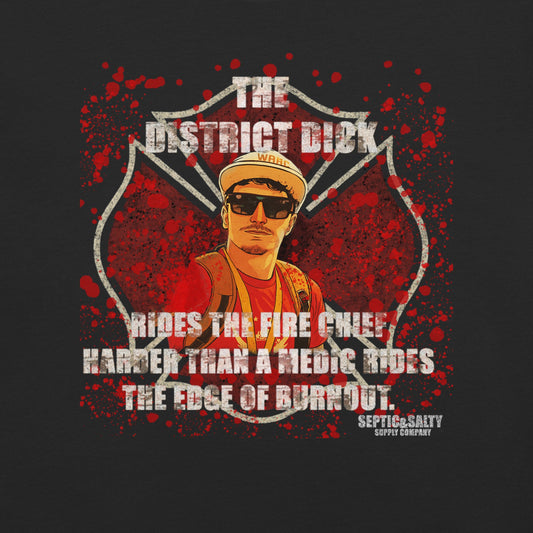 Firefighter humor shirt – The District Dick tee featuring dark comedy firehouse print.
