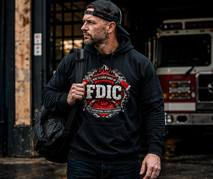 Man wearing a black hoodie with 'EDIC' logo, holding a backpack, in front of a fire truck.