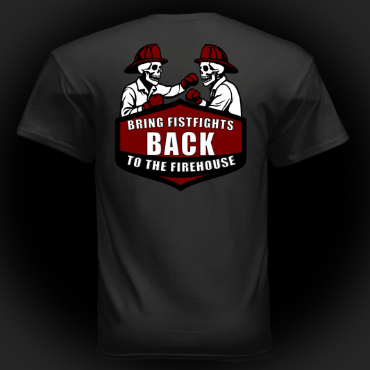 Firehouse Humor for Firefighters-Firehouse Fistfights t-shirt featuring skeletons in firefighter hats boxing.