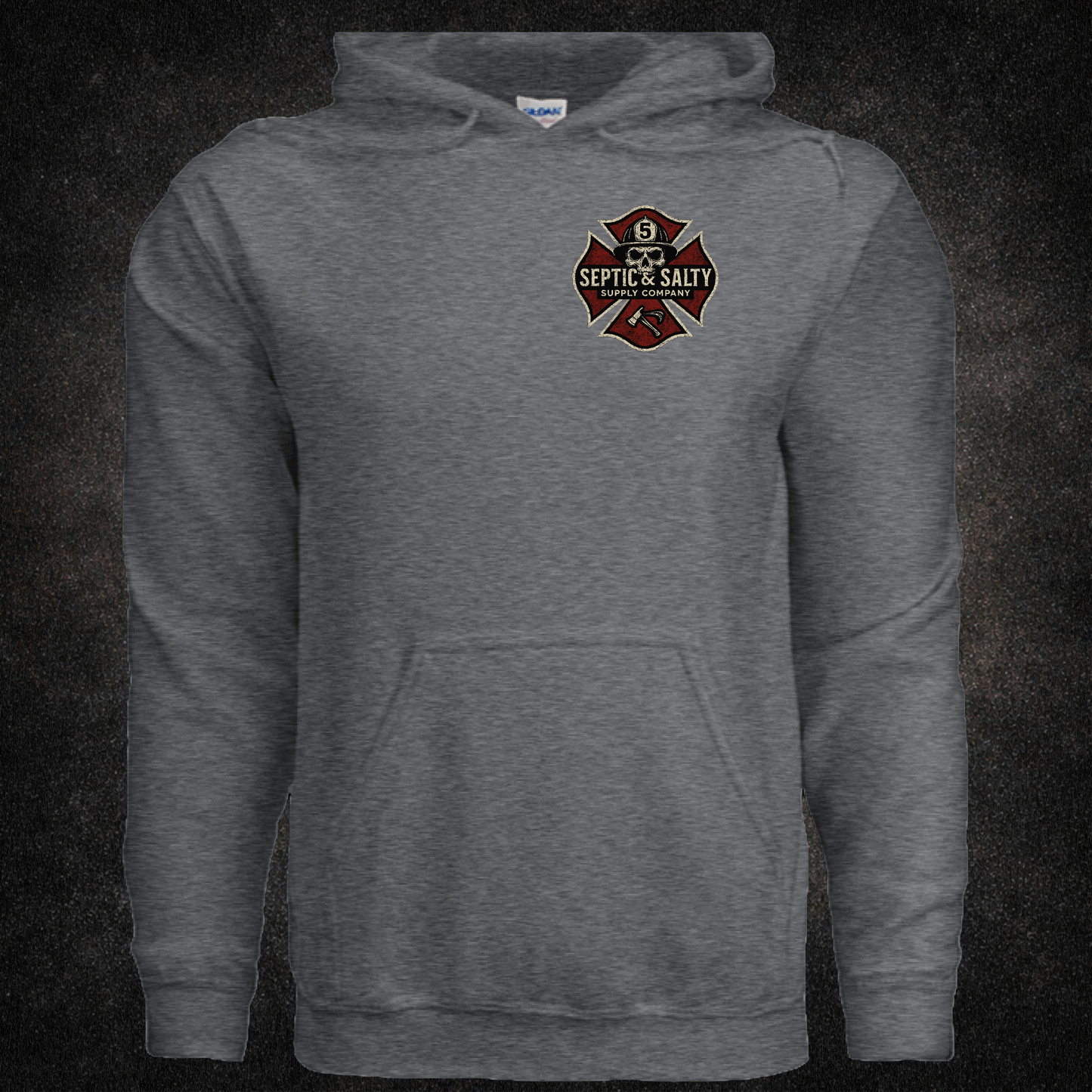 Front view of the "Firehouse Fistfights" hoodie in dark heather grey with left chest Septic & Salty Supply Co. Maltese cross logo — Gildan Heavy Blend firefighter apparel.