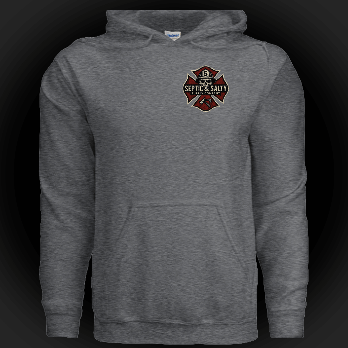 Firehouse Fistfights Hoodie-Firehouse Humor For Firefighters, gray hoodie with Septic & Salty logo.