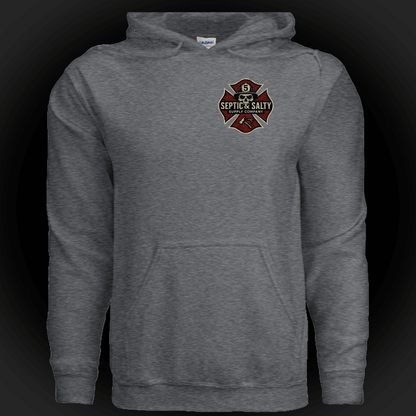 Firehouse Fistfights Hoodie-Firehouse Humor For Firefighters, gray hoodie with Septic & Salty logo.