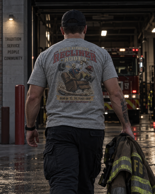Firefighter walking toward a fire engine while wearing the heather gray Firehouse Recliner Rodeo T-shirt with turnout gear in hand.