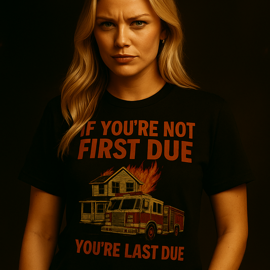 First Due or Forgotten firefighter shirt – vintage style Septic & Salty tee with sarcastic firehouse humor design.