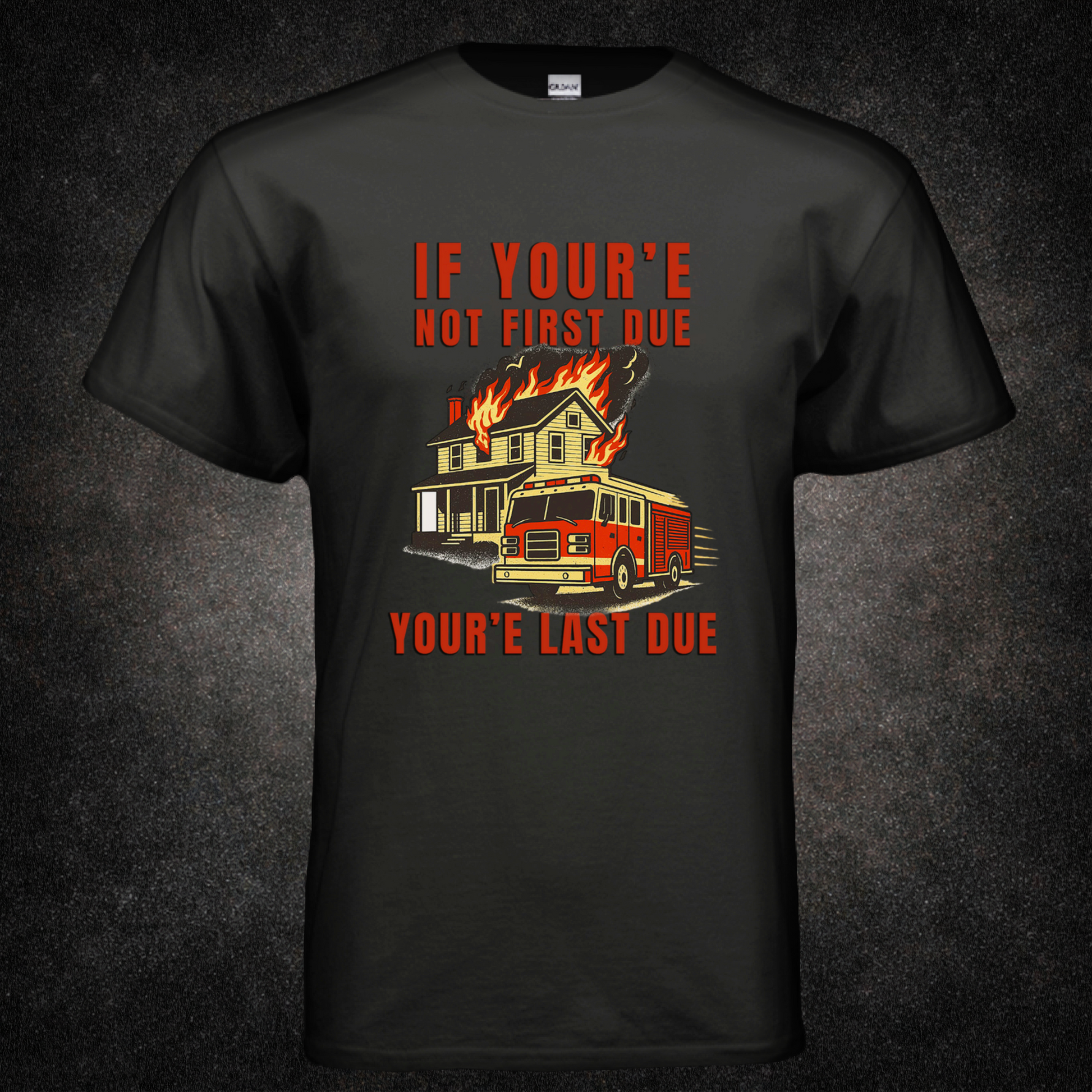 Back view of black t-shirt featuring the "First Due or Forgotten" graphic — bold firefighter humor apparel by Septic & Salty Supply Co.