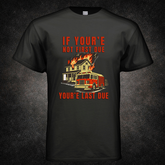 Back view of black t-shirt featuring the "First Due or Forgotten" graphic — bold firefighter humor apparel by Septic & Salty Supply Co.