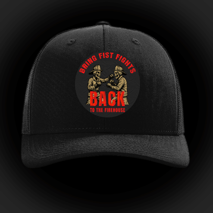 Firehouse Fist Fights Cap – Firehouse Humor for Firefighters featuring fistfighting firefighters design.