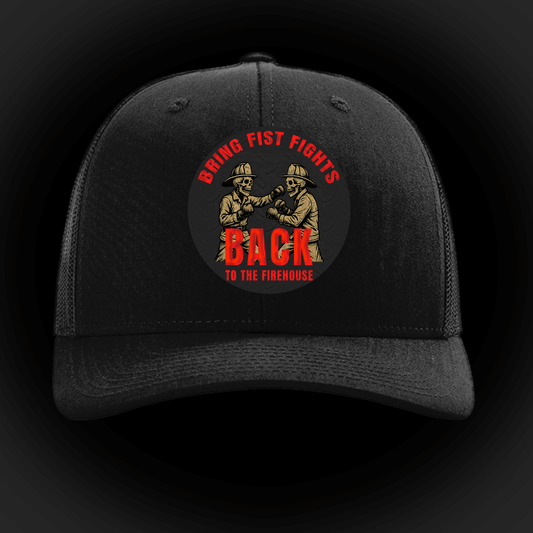 Firehouse Fist Fights Cap – Firehouse Humor for Firefighters featuring fistfighting firefighters design.