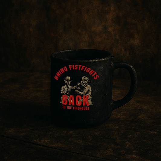 Black glossy coffee mug featuring the "Firehouse Fistfights" skeleton boxer graphic — "Bring Fistfights Back to the Firehouse" design — firefighter humor drinkware by Septic & Salty Supply Co.