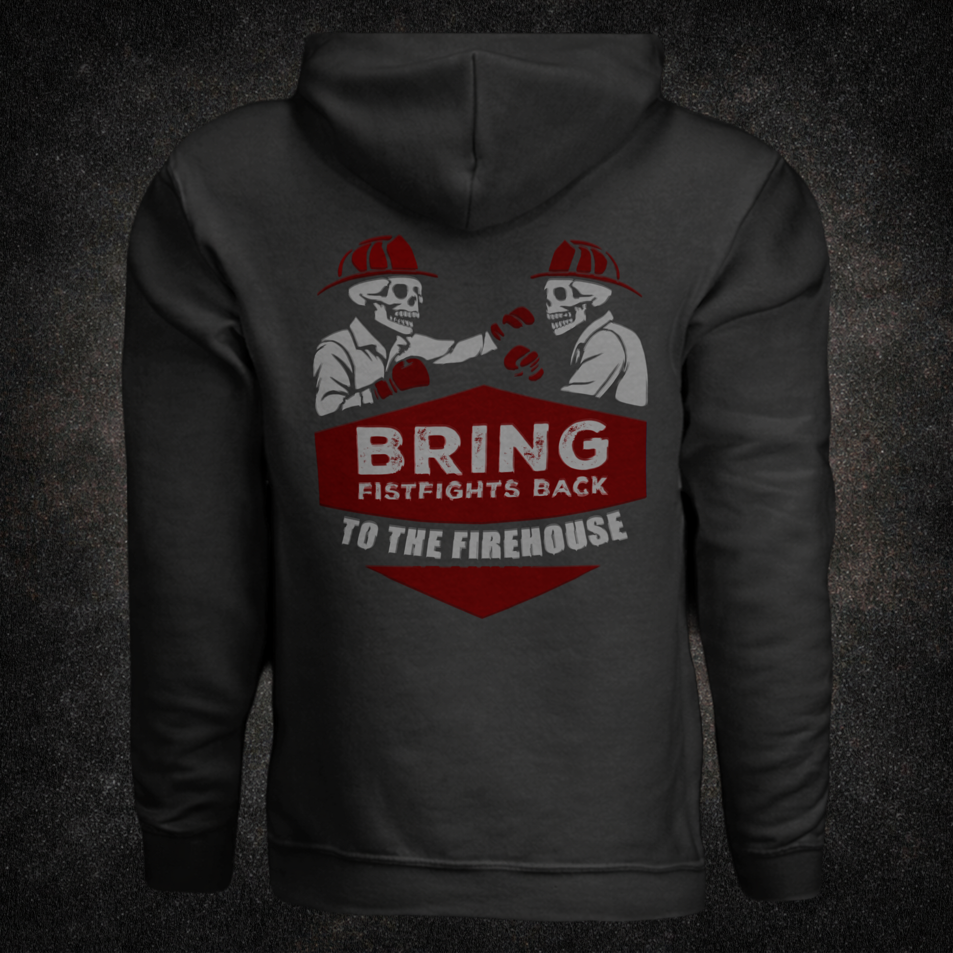 Back view of the "Firehouse Fistfights" hoodie in dark heather featuring two skeleton firefighters boxing with bold "Bring Fistfights Back to the Firehouse" graphic — Septic & Salty Supply Co.