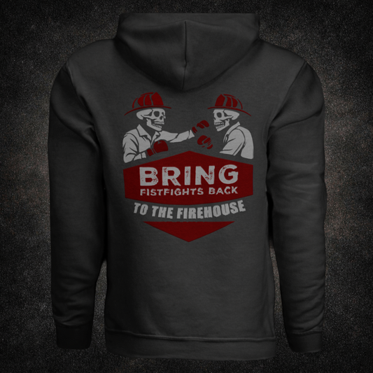 Back view of the "Firehouse Fistfights" hoodie in dark heather featuring two skeleton firefighters boxing with bold "Bring Fistfights Back to the Firehouse" graphic — Septic & Salty Supply Co.