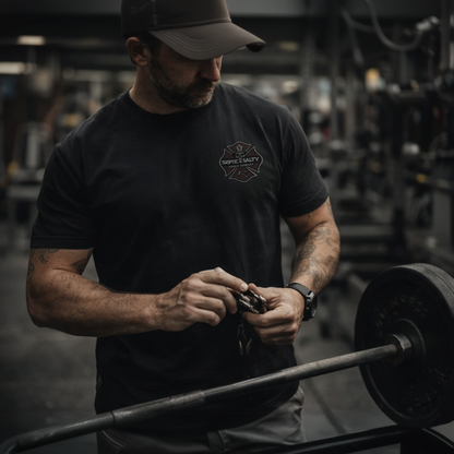 Front view of a firefighter wearing a black Septic & Salty Supply Co. tee with left chest Maltese cross logo — lifestyle shot in a gym setting with a barbell in the foreground — Septic & Salty Supply Co.