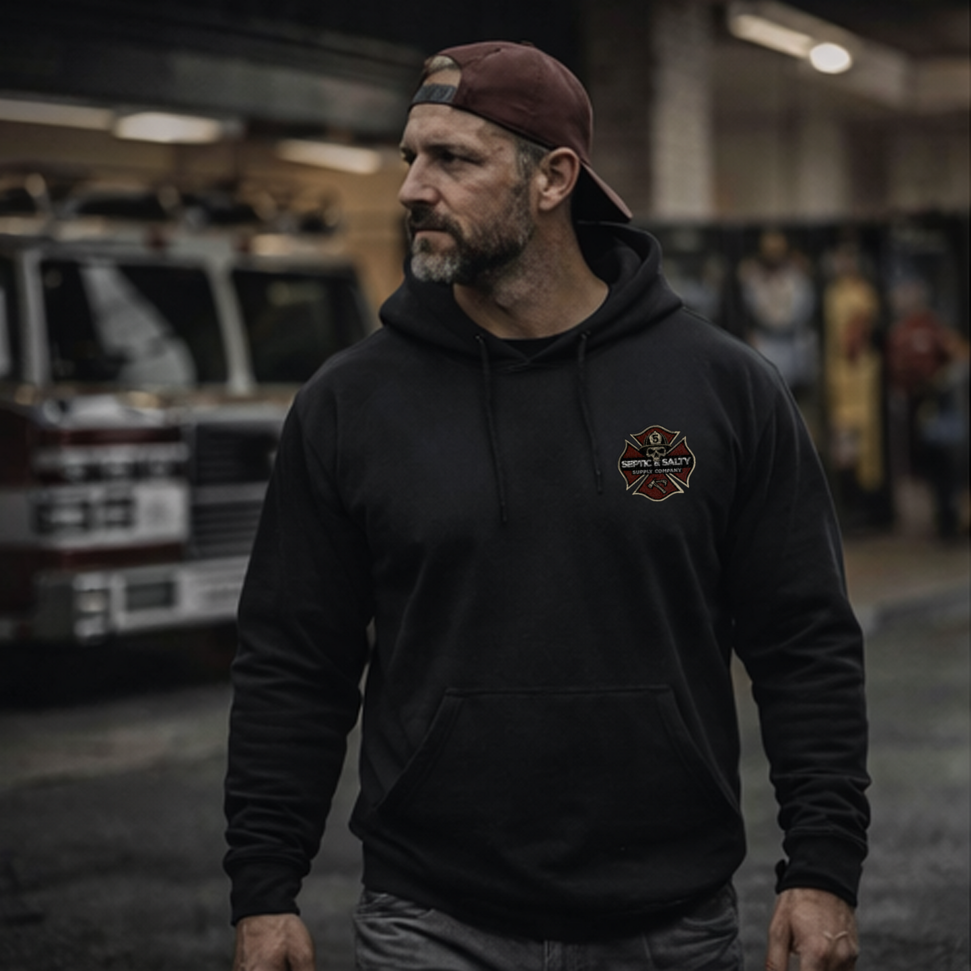 Firefighter wearing the black "Firehouse Fistfights" hoodie with left chest Septic & Salty Supply Co. logo — lifestyle shot in a firehouse bay with apparatus visible in the background.