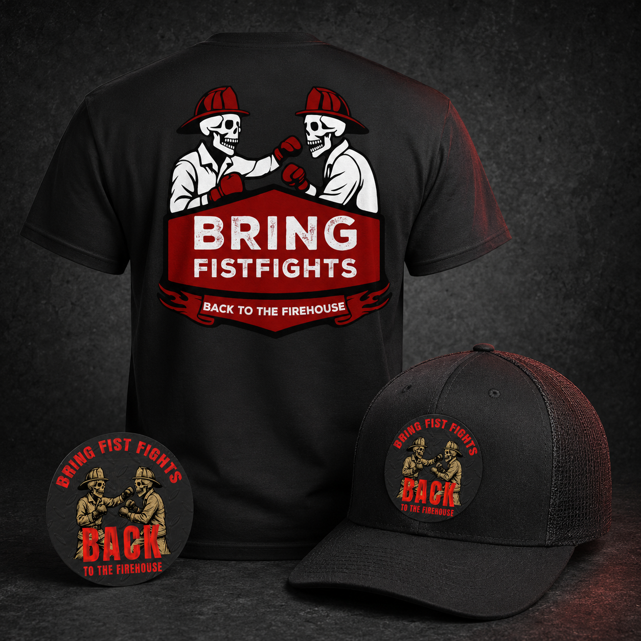 Black Firehouse Fistfights tee, matching printed cap, and sticker included in the Full Send Firehouse Bundle.