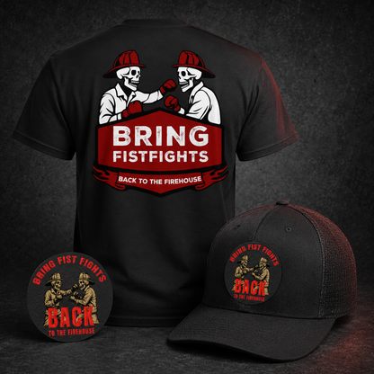 Black Firehouse Fistfights tee, matching printed cap, and sticker included in the Full Send Firehouse Bundle.