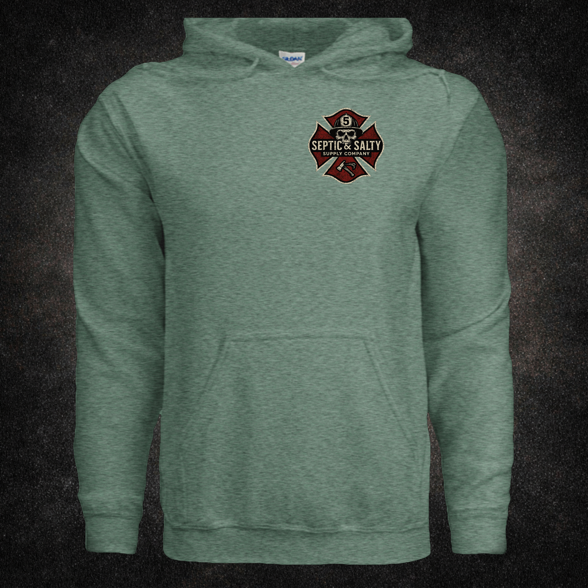 Front view of the "Firehouse Fistfights" hoodie in heather sport dark green with left chest Septic & Salty Supply Co. Maltese cross logo — Gildan Heavy Blend firefighter apparel.