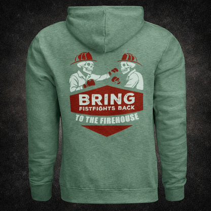 Back view of the "Firehouse Fistfights" hoodie in heather sport dark green featuring two skeleton firefighters boxing with "Bring Fistfights Back to the Firehouse" graphic — Septic & Salty Supply Co.