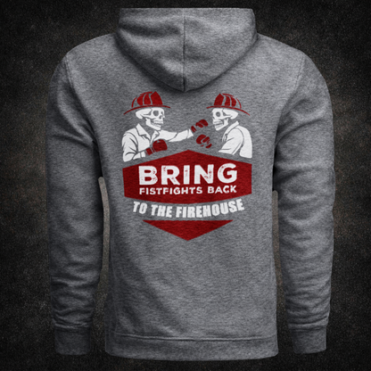 Back view of the "Firehouse Fistfights" hoodie in dark heather grey featuring two skeleton firefighters boxing with "Bring Fistfights Back to the Firehouse" graphic — Septic & Salty Supply Co.