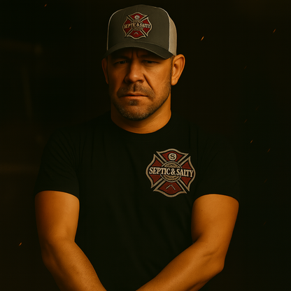 Septic & Salty Half Sac Steve limited edition firefighter humor t-shirt featuring axe-wielding artwork and dark firehouse style.