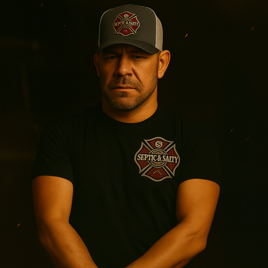Septic & Salty Half Sac Steve limited edition firefighter humor t-shirt featuring axe-wielding artwork and dark firehouse style.