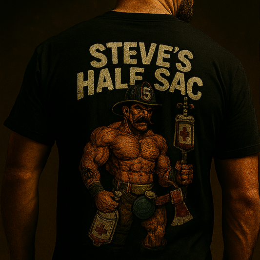 Half Sac Steve firefighter shirt – limited edition Septic & Salty tee with Maltese Cross front and full graphic back design.