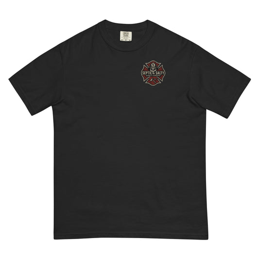 Firefighter humor graphic tee – Septic & Salty Sepsis-A-Mania shirt featuring Firefighter Hulk design with smoke, flames, and 80s wrestling vibes.