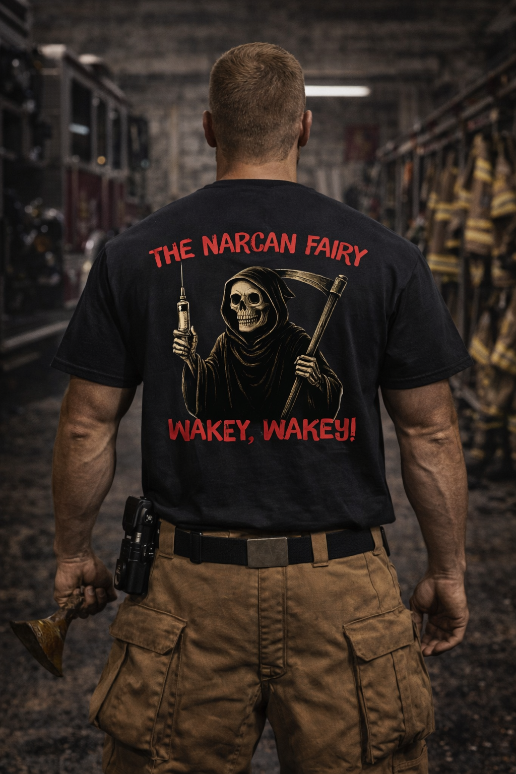 Firefighter wearing a black t-shirt showing the Narcan Fairy back graphic — grim reaper with syringe and "Wakey, Wakey!" text — photographed from behind in a firehouse bay with turnout gear visible in background.