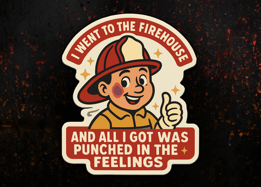 Close-up of the "Punched in the Feelings" sticker graphic — cheerful retro firefighter character with black eye and thumbs-up — die-cut weatherproof vinyl sticker by Septic & Salty Supply Co.