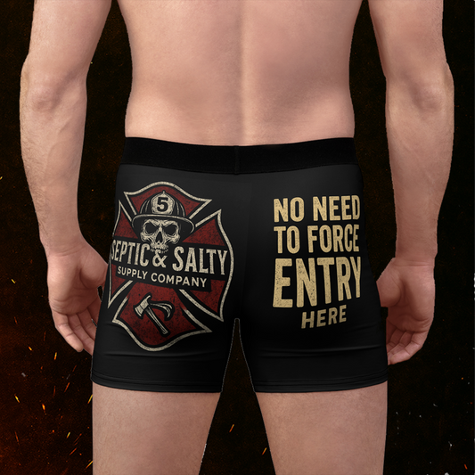 Rear view of The "Skid Mark 5000" Tactical Drawers — dark humor firefighter underwear featuring bold DTF print design by Septic & Salty Supply Co.